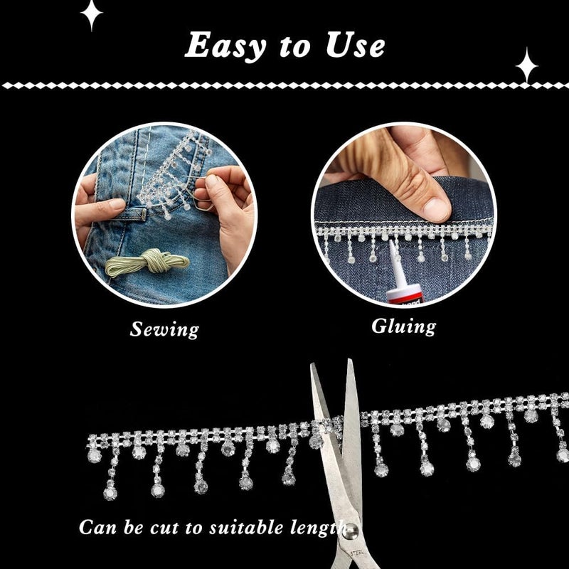VToALARD Rhinestone Fringe Trim Silver Rhinestone Ribbon Diamond Crystal Fringe Trim Chain Crystal Fringe Belt for Sewing Clothing Craft Wedding Accessories Jewelry Personalized DIY Decoration - Image 5